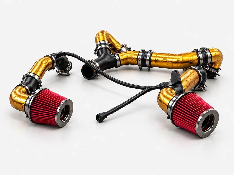 Illustration of gold-wrapped intake and charge pipes with red filters