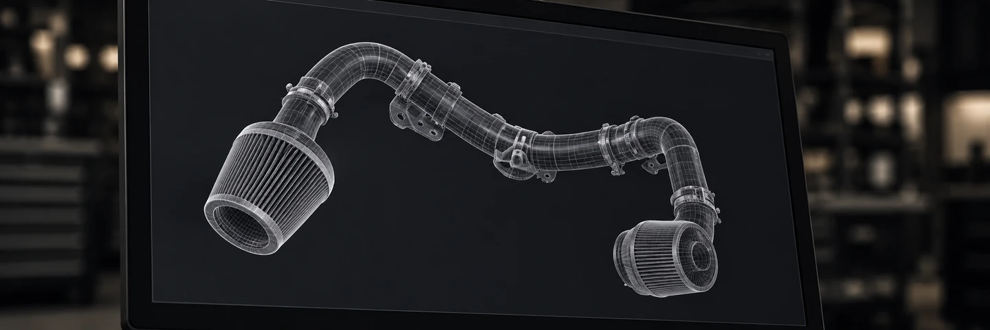 Process illustration: intake pipe geometry modeled on a CAD workstation