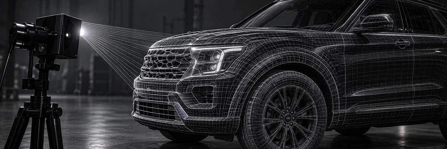 Process illustration: a 3D scanner measuring vehicle contours with a wireframe overlay